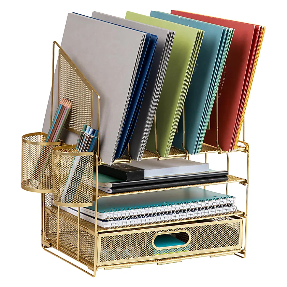 Office Depot® Brand Mesh Desk Organizer With Vertical Storage And Pen Holders, 16"H x 12-3/4"W x 9-1/2"D, Gold