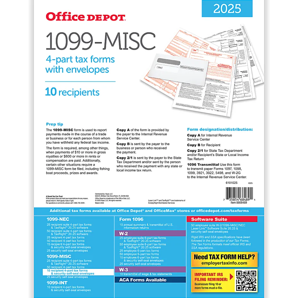 Office Depot® Brand 1099-MISC Laser Tax Forms And Envelopes, 4-Part, 2-Up, 8-1/2" x 11", Pack Of 10 Form Sets
