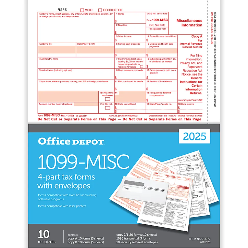 Office Depot® Brand 1099-MISC Laser Tax Forms And Envelopes, 4-Part, 2-Up, 8-1/2" x 11", Pack Of 10 Form Sets