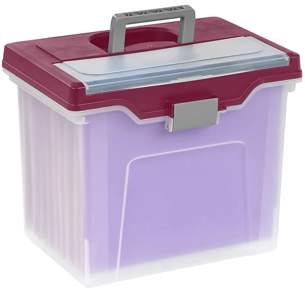 Office Depot® Brand Mobile File Box, Large, Letter Size, 11 5/8"H x 13 3/6"W x 10"D, Clear/Burgundy