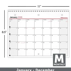 Office Depot Brand Monthly Desk Wall Calendar, 11" x 8 1/2", White, January 2026 to December 2026, OD30152826