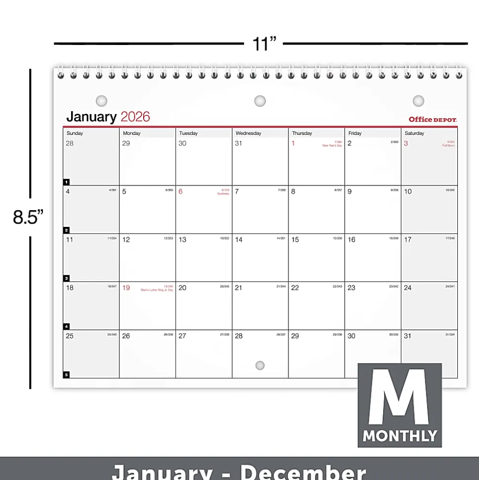 Office Depot Brand Monthly Desk Wall Calendar, 11" x 8 1/2", White, January 2026 to December 2026, OD30152826