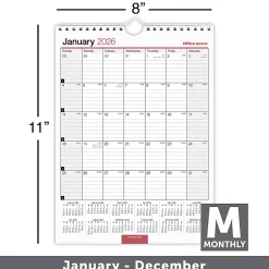 Office Depot Brand Monthly Wall Calendar, 8" x 11", White, January 2026 to December 2026, OD30132826