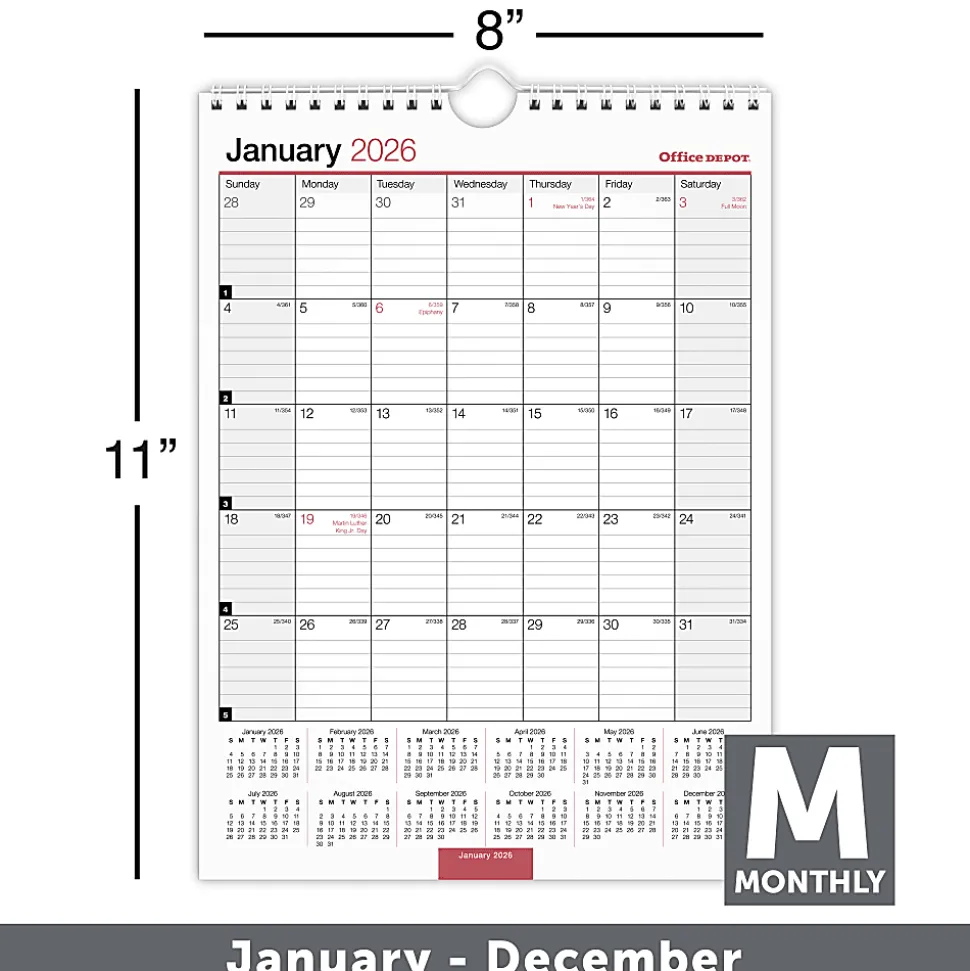 Office Depot Brand Monthly Wall Calendar, 8" x 11", White, January 2026 to December 2026, OD30132826