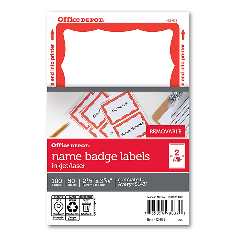Office Depot® Brand Name Badge Labels, 2 11/32" x 3 3/8", Red Border, Pack Of 100