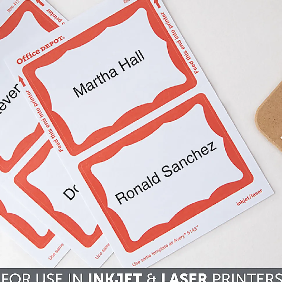 Office Depot® Brand Name Badge Labels, 2 11/32" x 3 3/8", Red Border, Pack Of 100