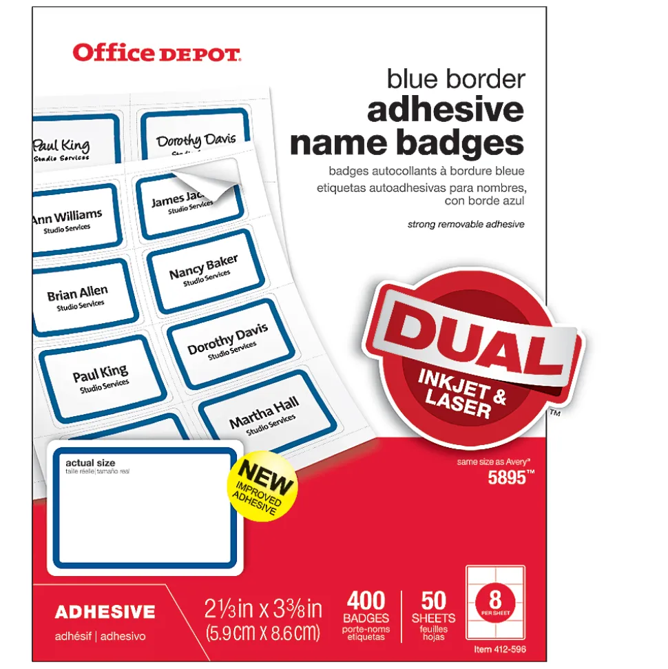 Office Depot® Brand Name Badge Labels, 2 1/3" x 3 3/8", Blue Border, Pack Of 400