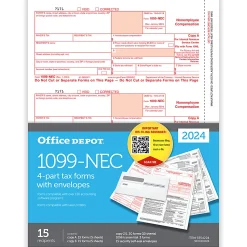 Office Depot® Brand 1099-NEC Laser Tax Forms, 4-Part, 3-Up, 8-1/2" x 11", Pack Of 15 Form Sets, NEC6101024