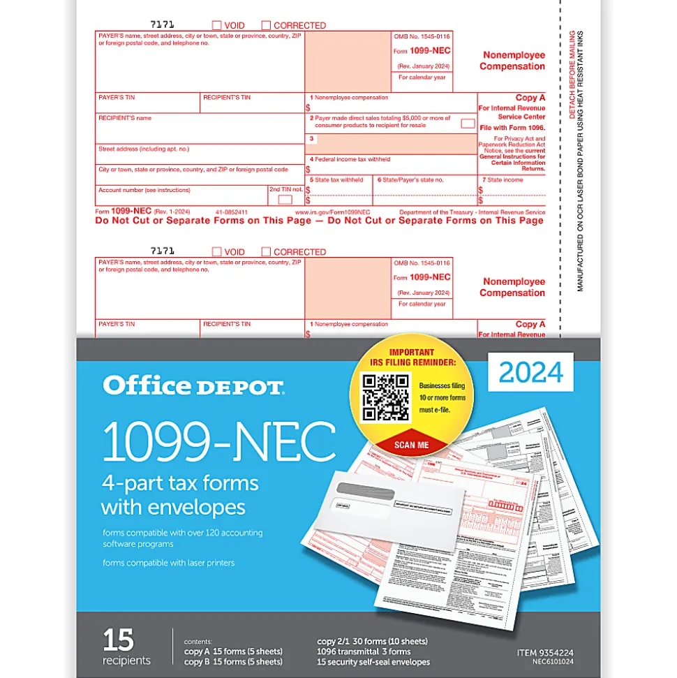 Office Depot® Brand 1099-NEC Laser Tax Forms, 4-Part, 3-Up, 8-1/2" x 11", Pack Of 15 Form Sets, NEC6101024