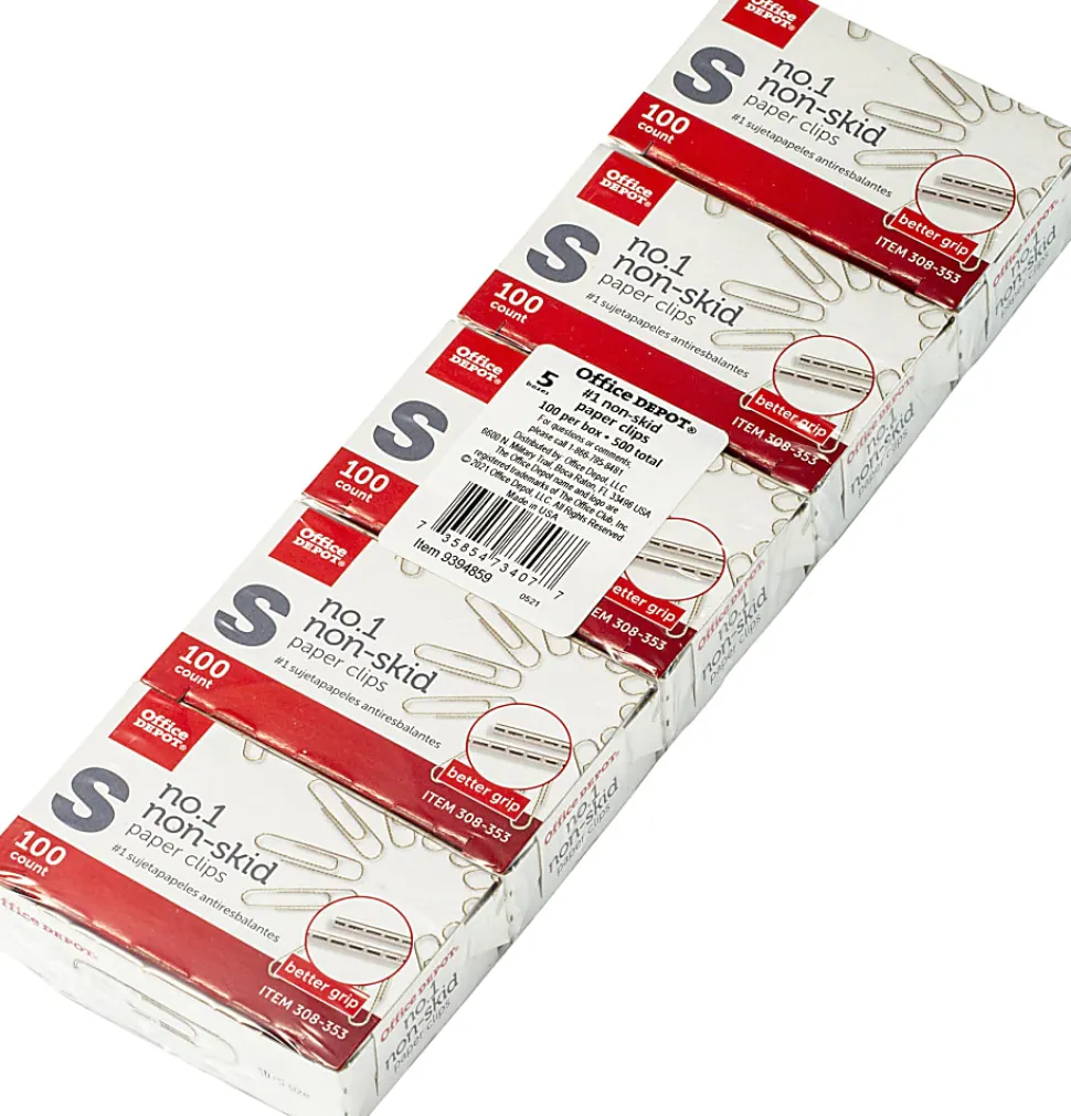 Office Depot® Brand Non-Skid Paper Clips, No. 1, Small, Silver, Pack Of 5 Boxes, 100 Per Box, 500 Total