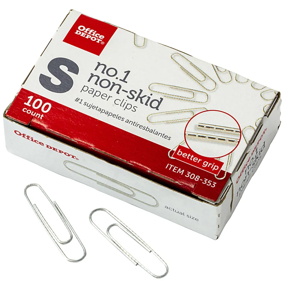 Office Depot® Brand Non-Skid Paper Clips, No. 1, Small, Silver, Pack Of 10 Boxes, 100 Per Box, 1000 Total