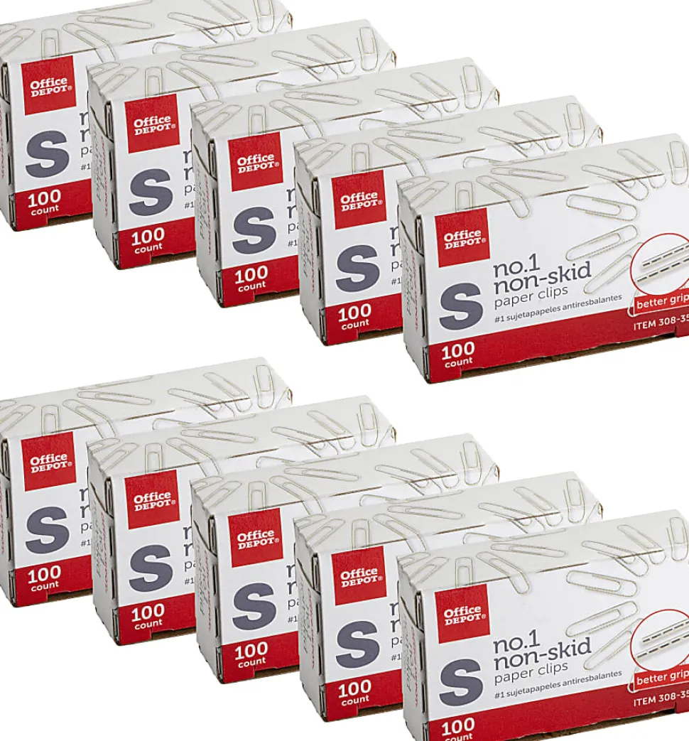 Office Depot® Brand Non-Skid Paper Clips, No. 1, Small, Silver, Pack Of 10 Boxes, 100 Per Box, 1000 Total