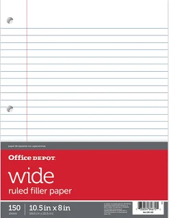 Office Depot® Brand Notebook Filler Paper, Wide Ruled, 8" x 10 1/2", 3-Hole Punched, White, Pack Of 150 Sheets