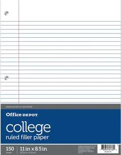 Office Depot® Brand Notebook Filler Paper, College-Ruled, 8 1/2" x 11", 3-Hole Punched, White, Pack Of 150 Sheets