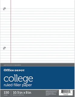 Office Depot® Brand Notebook Filler Paper, College-Ruled, 8" x 10 1/2", White, Pack Of 150 Sheets