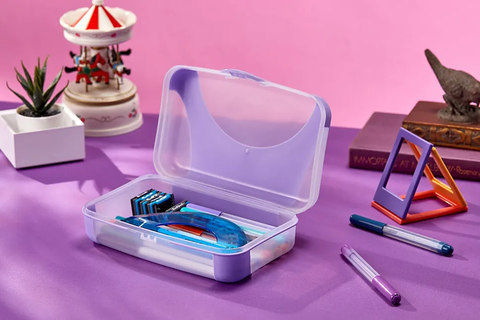 Office Depot® Brand Overmolded Pencil Box, 2-5/8"H x 5-1/2"W x 8-1/4"D, Lilac/Clear