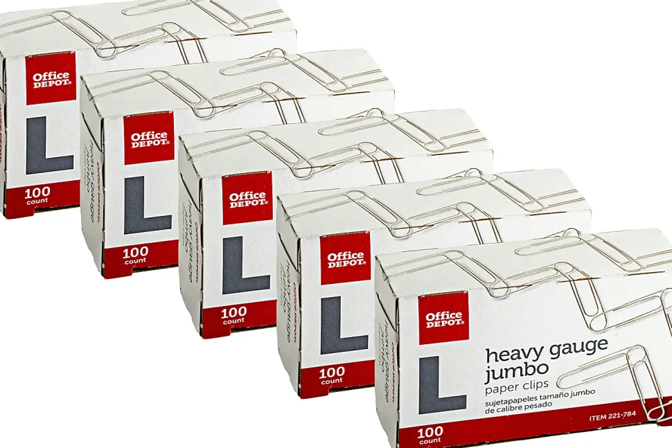 Office Depot® Brand Paper Clips, 500 Total, Jumbo, Silver, 100 Per Box, Pack Of 5 Boxes