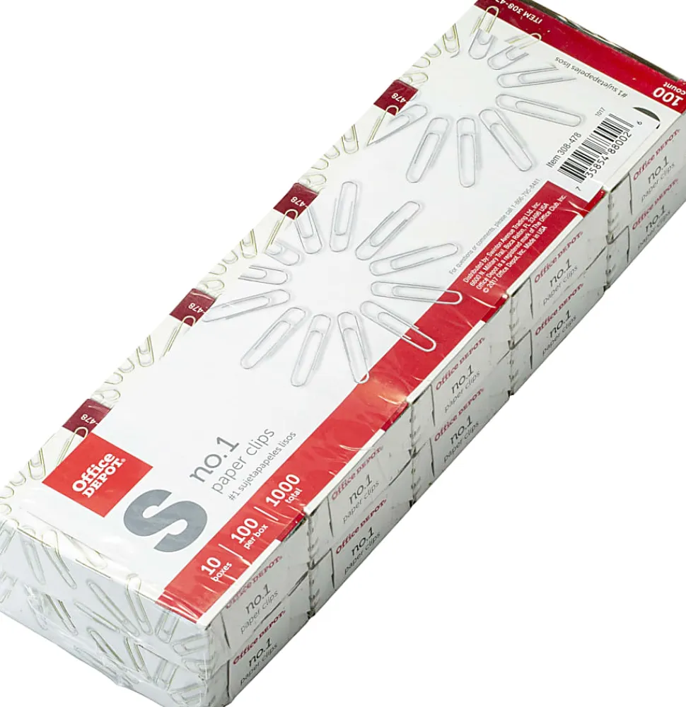 Office Depot® Brand Paper Clips, No. 1, Small, Silver, Pack Of 10 Boxes, 100 Per Box, 1,000 Total