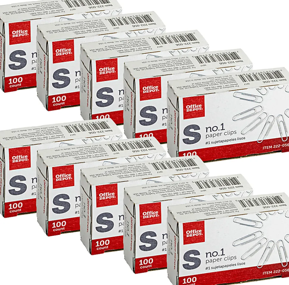 Office Depot® Brand Paper Clips, No. 1, Small, Silver, Pack Of 10 Boxes, 100 Per Box, 1,000 Total