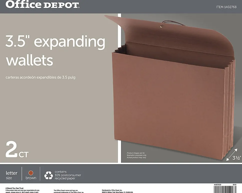 Office Depot® Brand Paper Standard Expanding Wallet, 1 Pocket, Expansion 3-1/2", 8 1/2" x 11", Letter, Brown, Pack of 2