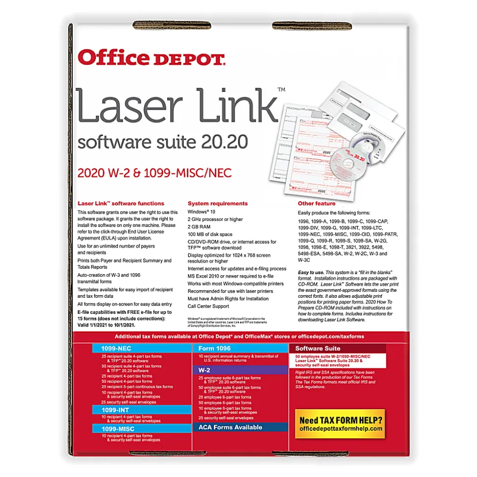 Office Depot® Brand 6-Part W-2/4-Part 1099 Laser Form Sets And Envelopes With LaserLink Software, 8-1/2" x 11", Pack Of 50 Forms