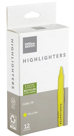 Office Depot® Brand Pen-Style Highlighters, 100% Recycled Plastic Barrel, Fluorescent Yellow, Pack Of 12