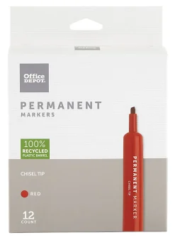 Office Depot® Brand Permanent Markers, Chisel Point, 100% Recycled Plastic Barrel, Red Ink, Pack Of 12