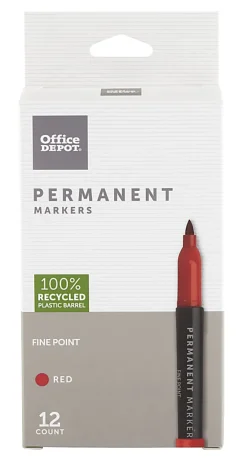 Office Depot® Brand Permanent Markers, Fine Point, 100% Recycled Plastic Barrel, Red Ink, Pack Of 12