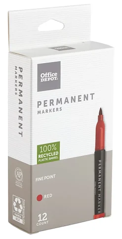Office Depot® Brand Permanent Markers, Fine Point, 100% Recycled Plastic Barrel, Red Ink, Pack Of 12