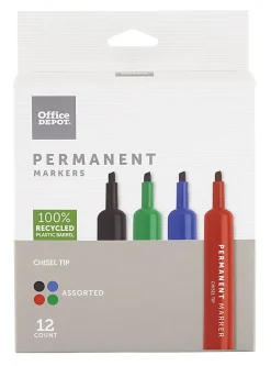 Office DepotĀ® Brand Permanent Markers, Chisel Point, 100% Recycled Plastic Barrel, Assorted Ink Colors, Pack Of 12