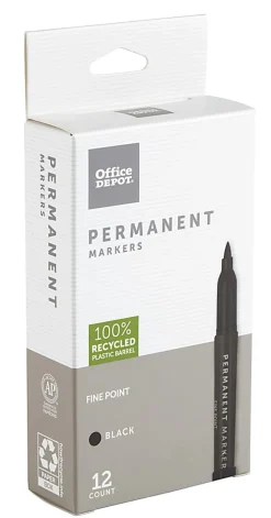 Office Depot® Brand Permanent Markers, Fine Point, 100% Recycled Plastic Barrel, Black Ink, Pack Of 12