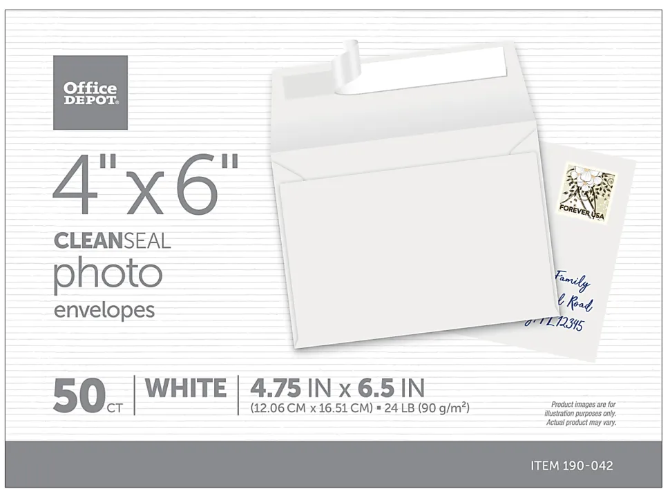 Office Depot® Brand Photo Envelopes, 4” x 6”, Clean Seal, White, Box Of 50