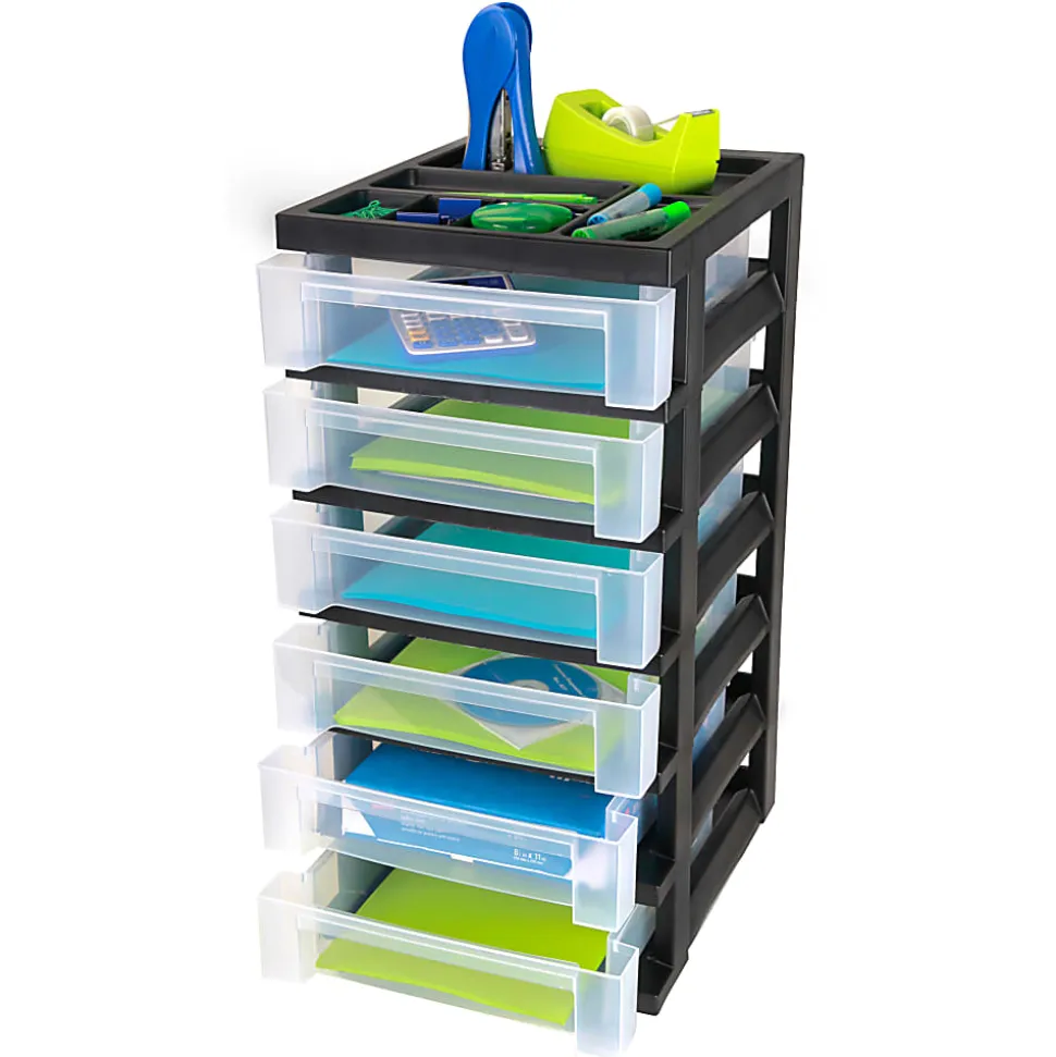Office Depot® Brand Plastic 6-Drawer Storage Cart, 26 7/16" x 12 1/16" x 14 1/4", Black