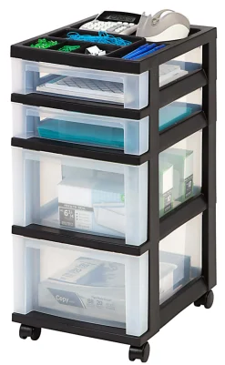 Office Depot® Brand Plastic 4-Drawer Storage Cart, 26 7/16" x 12 1/16" x 14 1/4", Black
