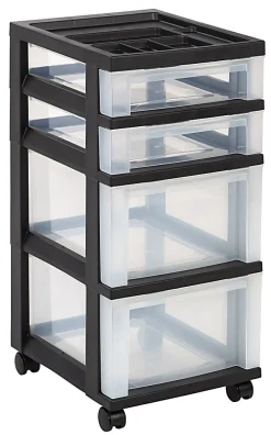 Office Depot® Brand Plastic 4-Drawer Storage Cart, 26 7/16" x 12 1/16" x 14 1/4", Black
