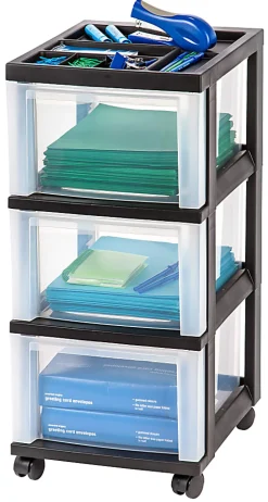 Office Depot® Brand Plastic 3-Drawer Storage Cart, 26 1/5" x 12 1/10" x 14 3/10", Black