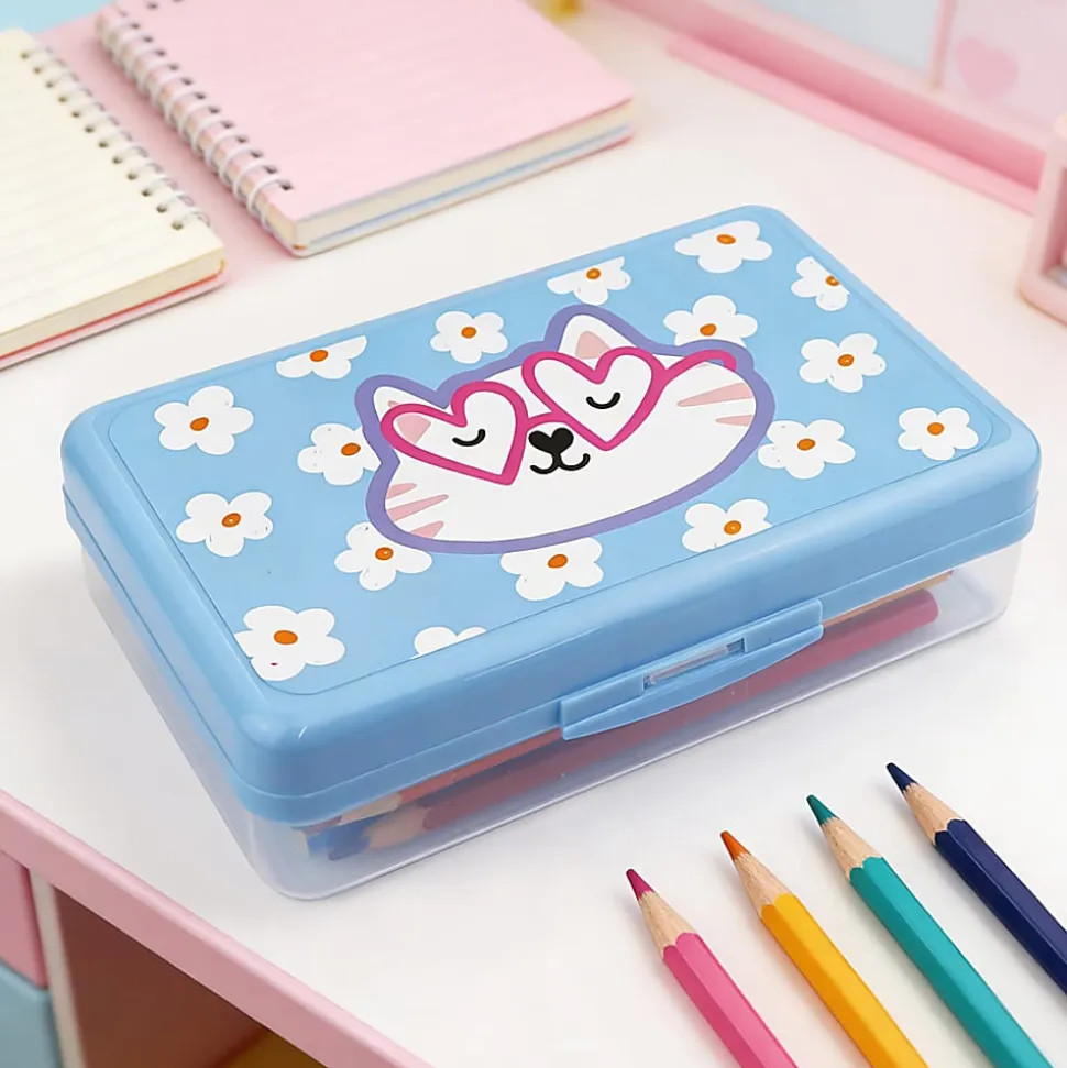 Office Depot® Brand Plastic Pencil Box, 2-1/4"H x 8-11/16"W x 5-1/8"D, Clear/Blue, Cat, Total Quantity 1