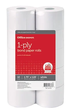Office Depot® Brand  1-Ply Bond Paper Rolls, 1-3/4" x 128', White, Pack Of 10
