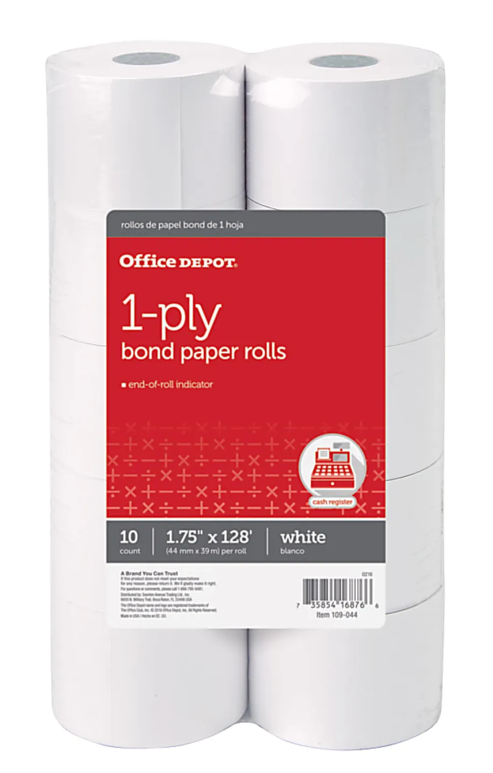 Office Depot® Brand 1-Ply Bond Paper Rolls, 1-3/4" x 128', White, Pack Of 10