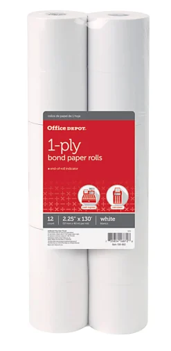 Office Depot® Brand 1-Ply Bond Paper Rolls, 2-1/4" x 130', White, Pack Of 12