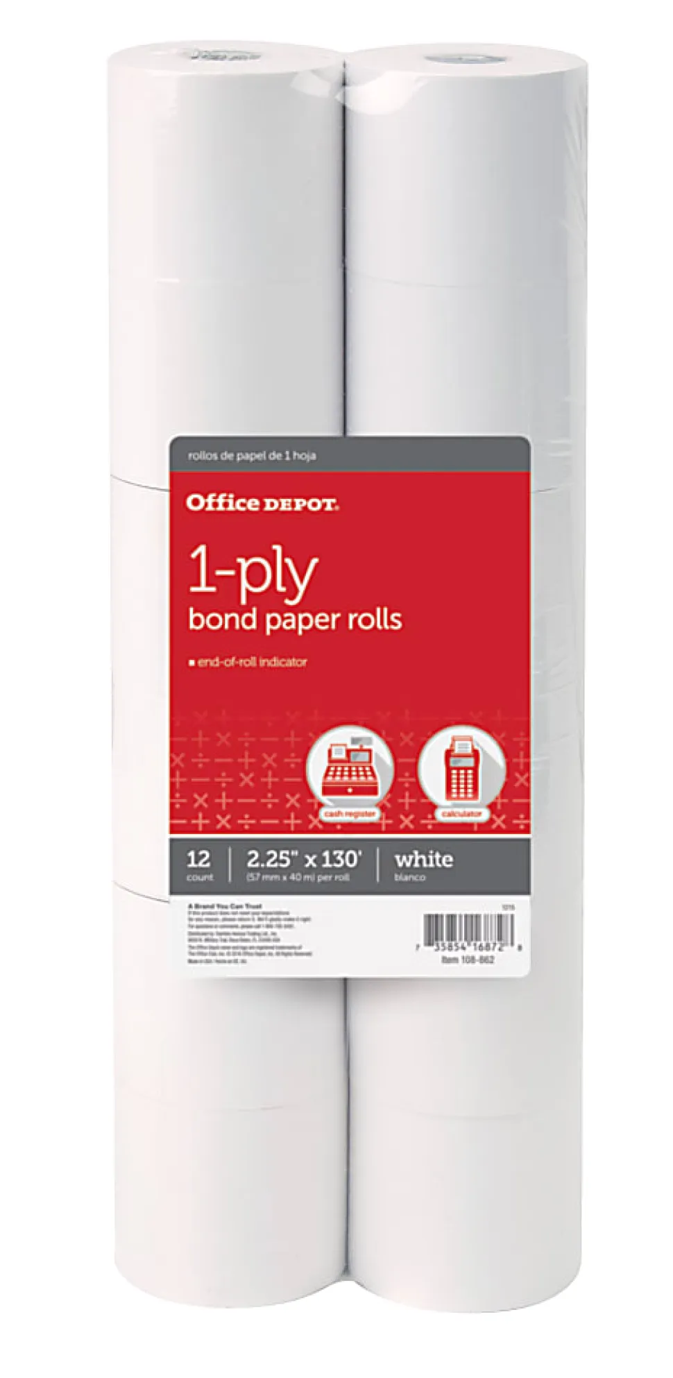 Office Depot® Brand 1-Ply Bond Paper Rolls, 2-1/4" x 130', White, Pack Of 12