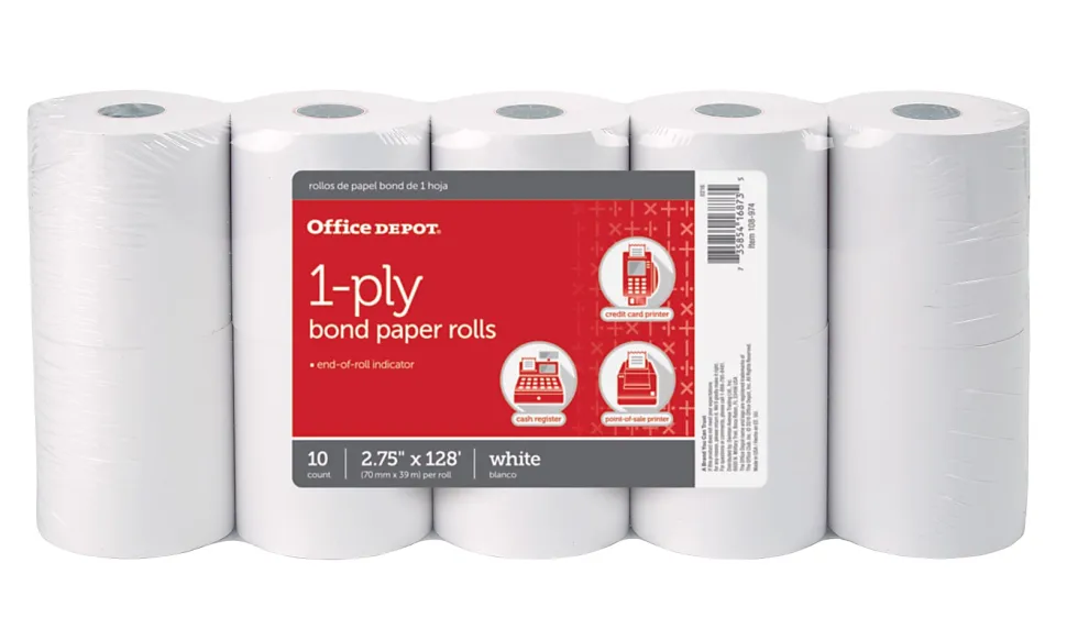 Office Depot® Brand 1-Ply Bond Paper Rolls, 2-3/4" x 128', White, Pack Of 10