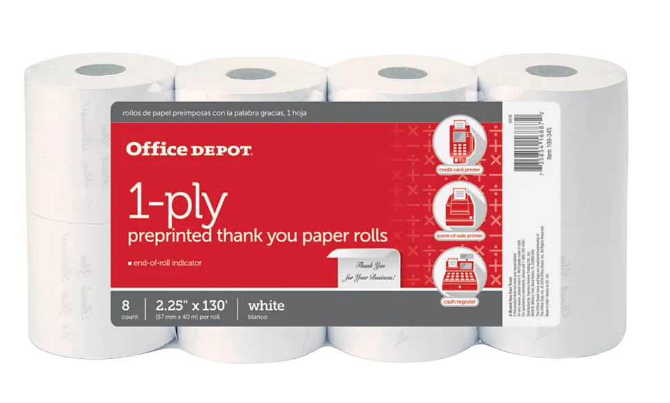 Office Depot® Brand 1-Ply Preprinted "Thank You" Paper Rolls, 2-1/4” x 130', White, Pack Of 8