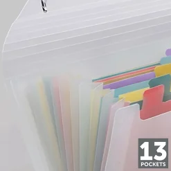 Office DepotĀ® Brand 13-Pocket Stand-Up Expanding File, Check Size, Clear/Assorted Color Peek
