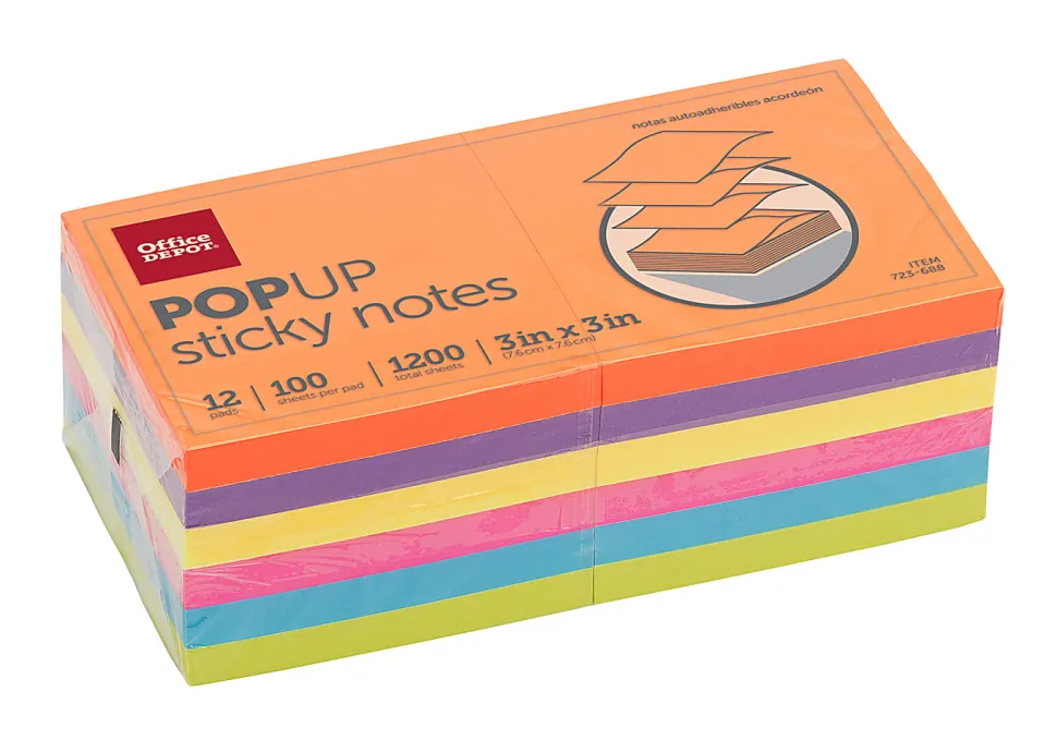 Office Depot® Brand Pop Up Sticky Notes, 3" x 3", Assorted Vivid Colors, 100 Sheets Per Pad, Pack Of 12 Pads