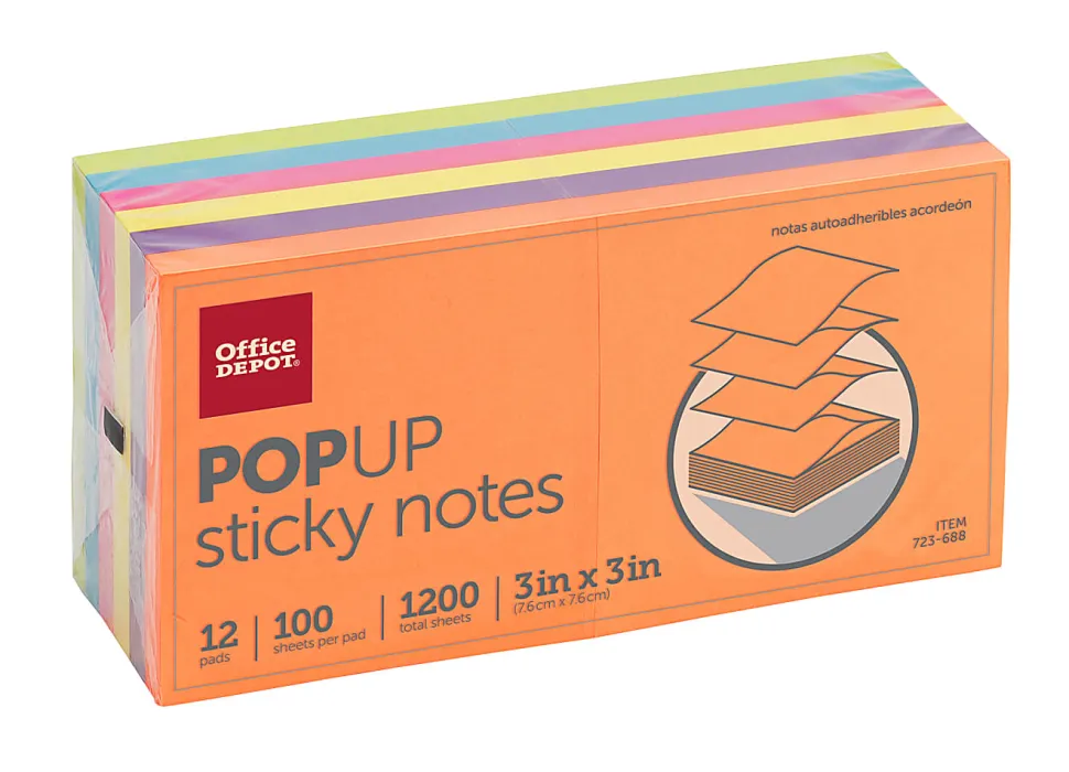 Office Depot® Brand Pop Up Sticky Notes, 3" x 3", Assorted Vivid Colors, 100 Sheets Per Pad, Pack Of 12 Pads