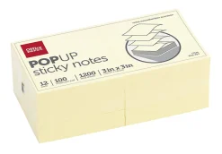 Office Depot® Brand Pop Up Sticky Notes, 3" x 3", Yellow, 100 Sheets Per Pad, Pack Of 12