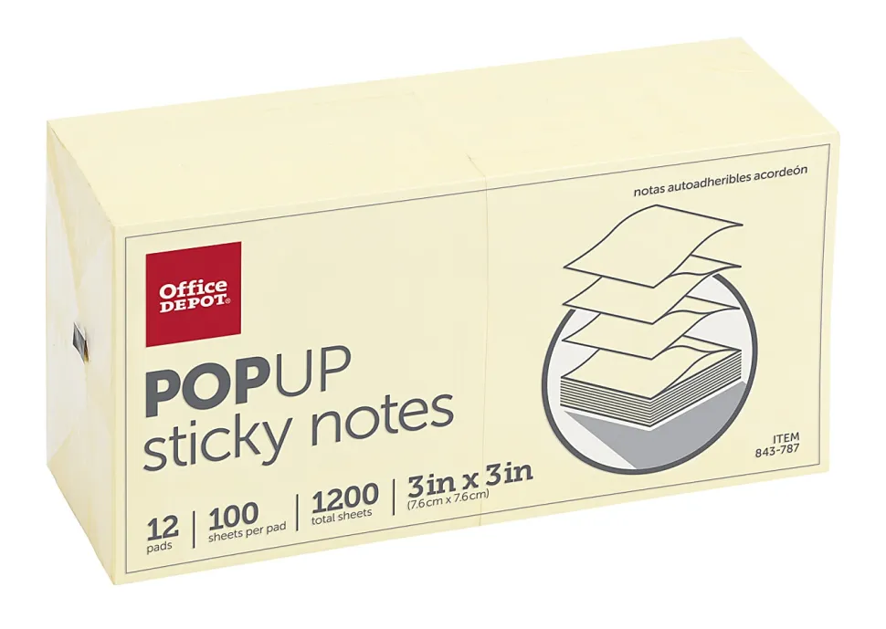 Office Depot® Brand Pop Up Sticky Notes, 3" x 3", Yellow, 100 Sheets Per Pad, Pack Of 12