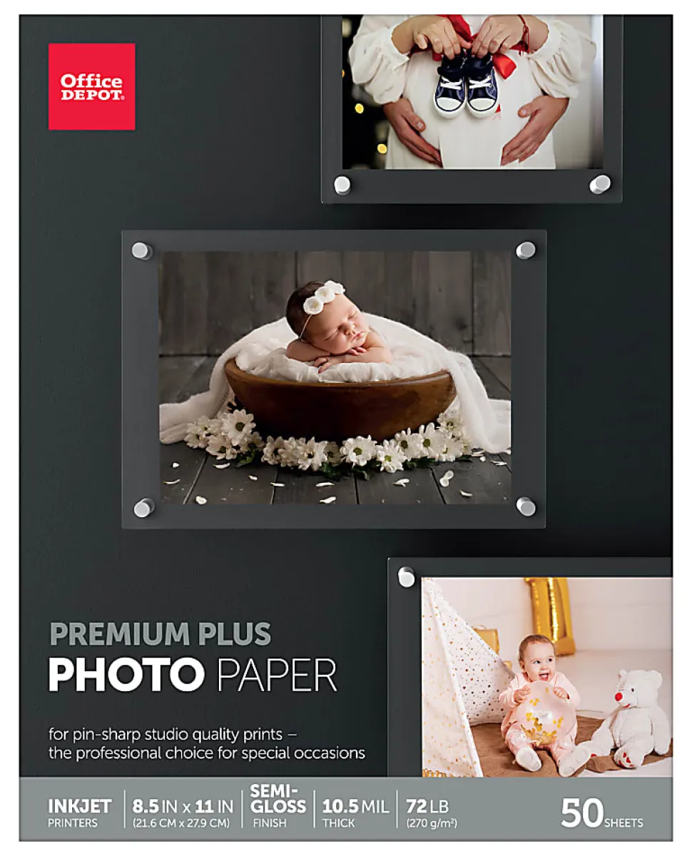Office Depot® Brand Premium Plus Photo Paper, Semi-Gloss, Letter Size, White, Pack Of 50 Sheets