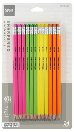 Office Depot® Brand Presharpened Pencils, #2 Medium Soft Lead, Assorted Neon Colors, Pack Of 24 Pencils